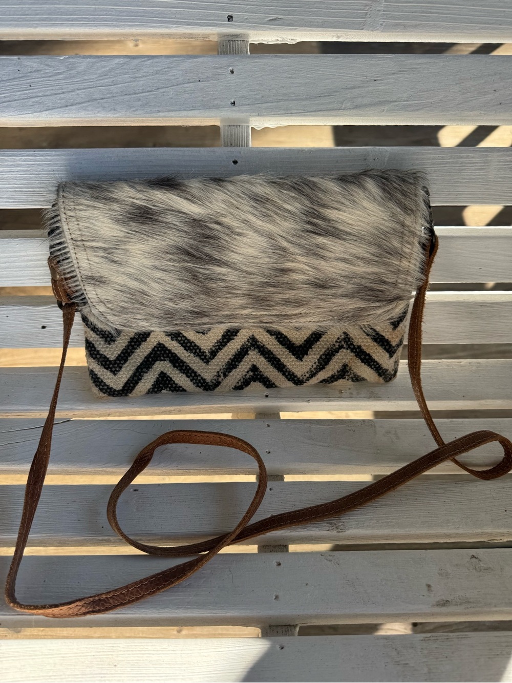 Myra bag chevron calf hair crossbody 10”x6” hairon